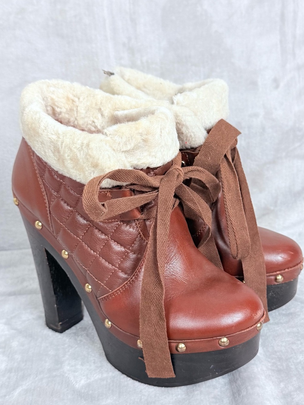 REDValentino Brown Leather Shearling Platform Boots Size 37 Made In Italy